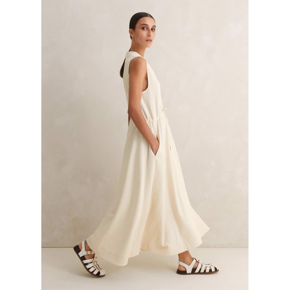 ME+EM Cream Textured V Neck Sleeveless Maxi Dress Drawstring Waist Size US 2 - Picture 2 of 11